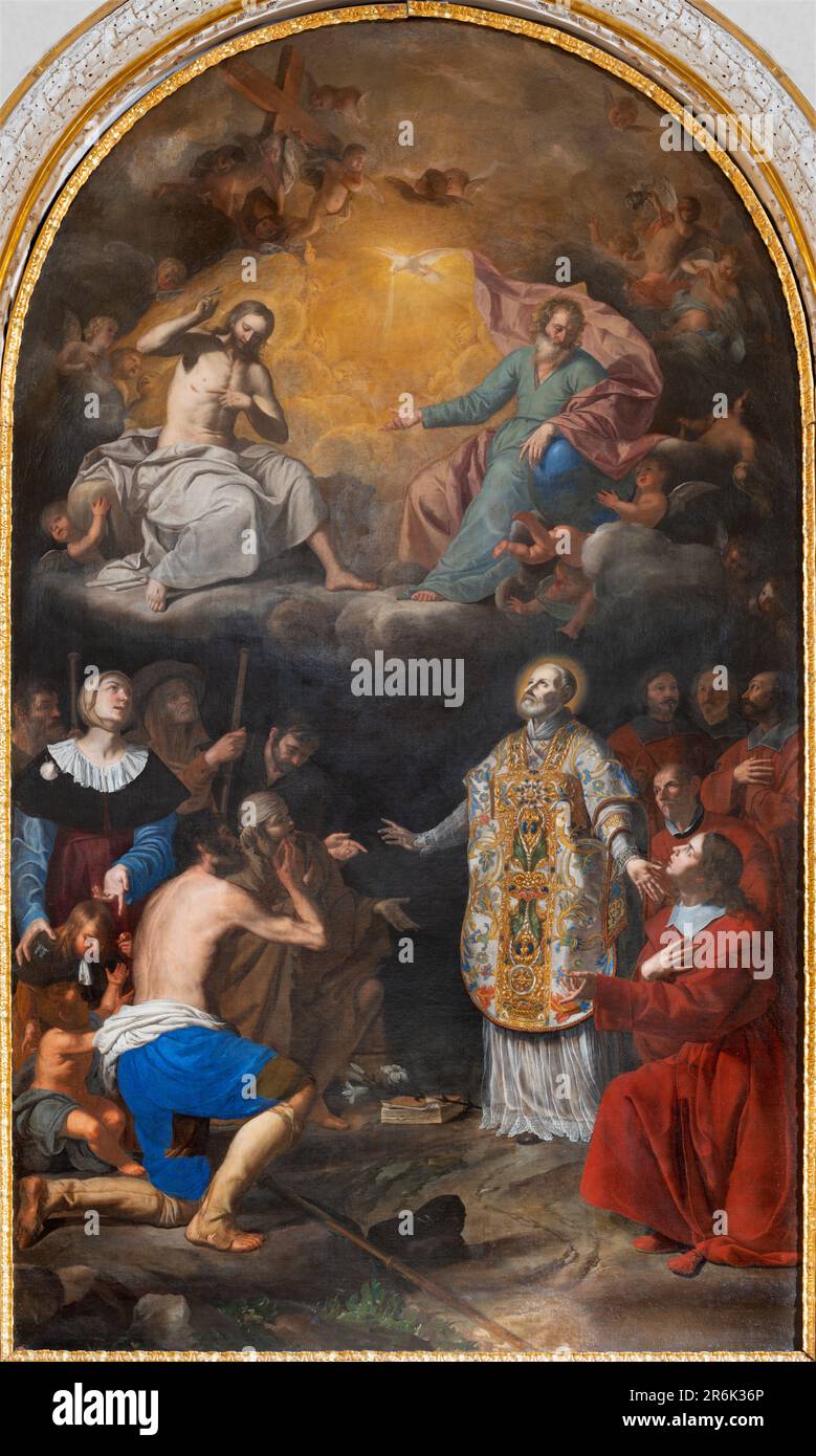 Naples - la peinture Saint Philip Neri recommande des confrères et des pèlerins à la Trinité Chiesa della Santissima Trinita dei Pellegrini. Banque D'Images