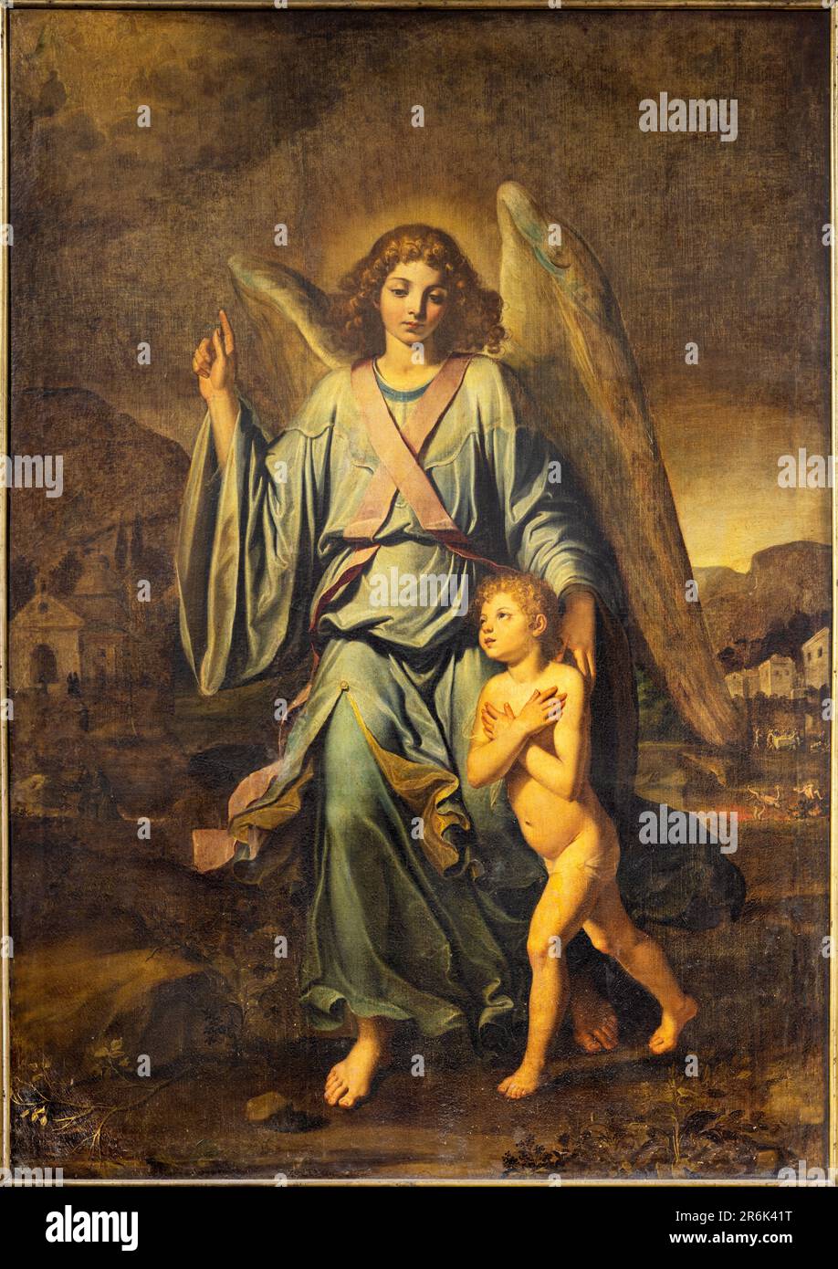 NAPLES, ITALIE - 20 AVRIL 2023 : la douleur de l'ange gardien dans l'église Basilica di Santa Maria degli Angeli a Pizopalcone de 18. cent. Banque D'Images