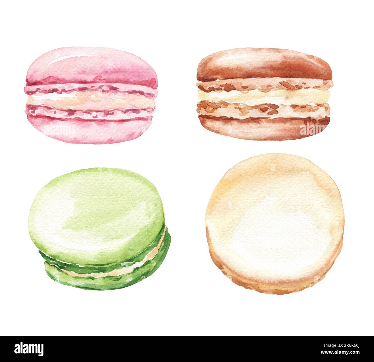 Illustration aquarelle des macarons. Désert français, art culinaire Banque D'Images