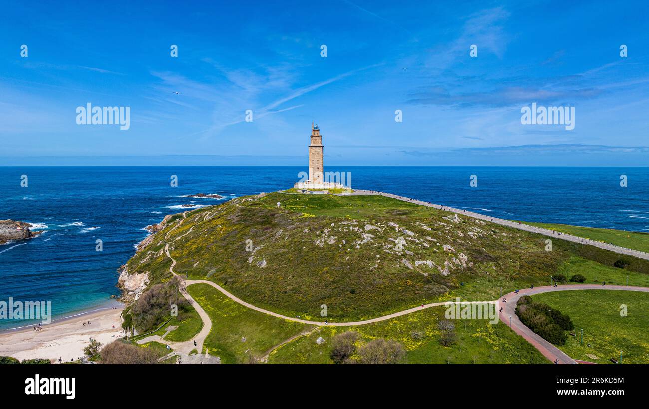 Antenne de la Tour d'Hercules, site classé au patrimoine mondial de l'UNESCO, la Coruna, Galice, Espagne, Europe Banque D'Images