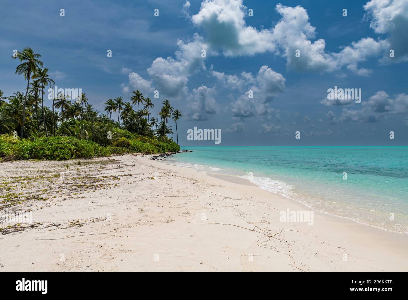 Plage de sable blanc sur l'île de Bangaram, archipel de Lakshadweep, territoire de l'Union de l'Inde, Océan Indien, Asie Banque D'Images
