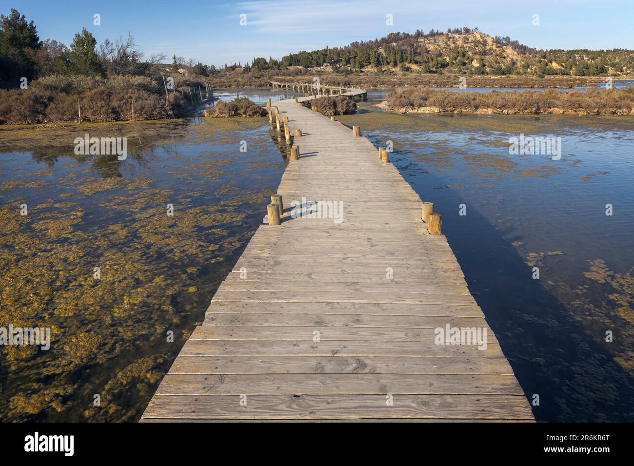 Chemin en bois dans le Parc naturel du Peyriac-de-Mer, France Banque D'Images