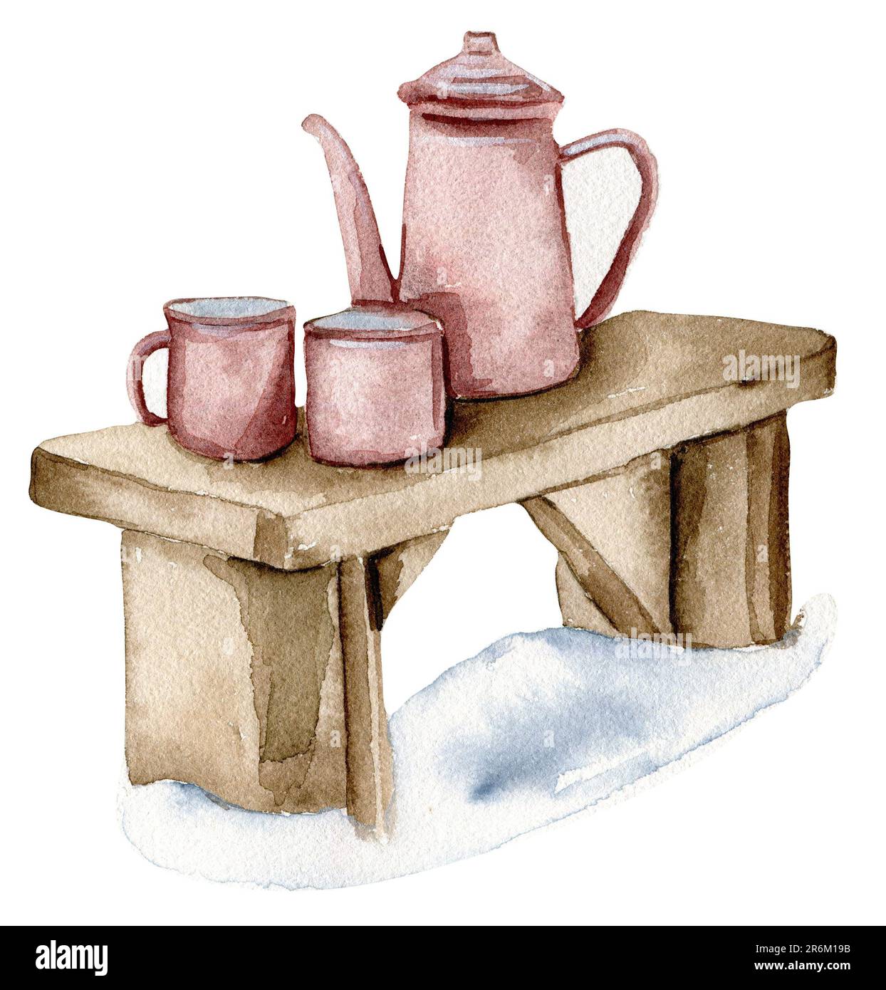 Théière avec tasses sur un banc dans la neige. Illustration aquarelle dessinée à la main. Vacances d'hiver. Banque D'Images