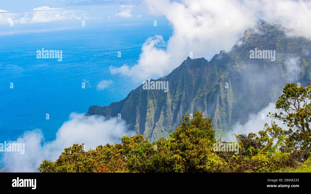 Nuages qui enveloppent les falaises Na Pali de Waimea Canyon, Waimea Canyon, Waimea State Park, Kauai, Hawaii, Etats-Unis Banque D'Images