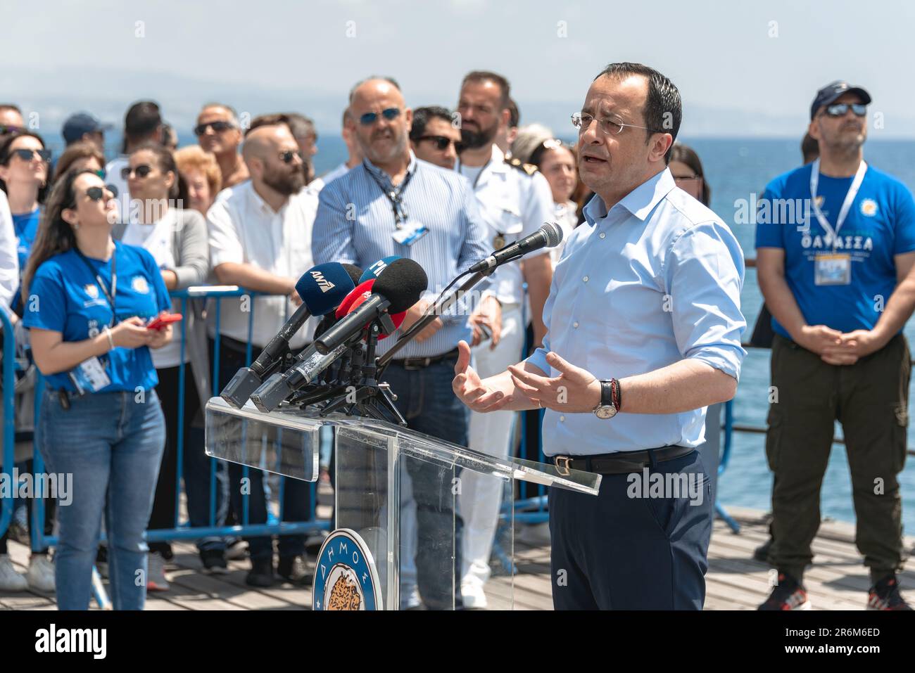 Limassol, Chypre - 20 mai 2023: Le président de Chypre, Nikos Christodoulides, prononce un discours au festival Thalassa 2023 Banque D'Images