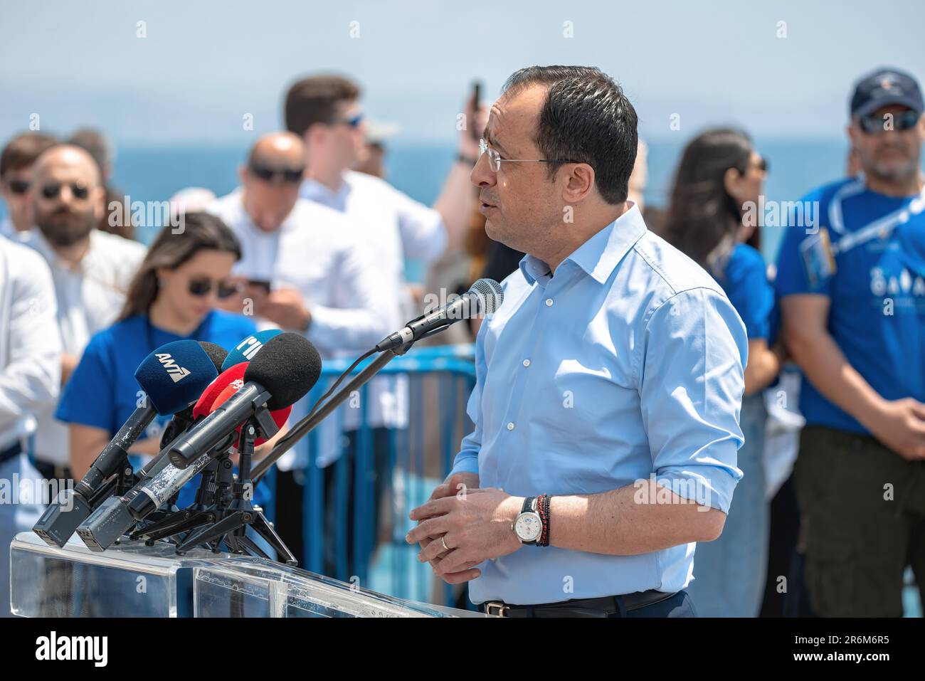 Limassol, Chypre - 20 mai 2023: Le président de Chypre, Nikos Christodoulides, prononce un discours au festival Thalassa 2023 Banque D'Images