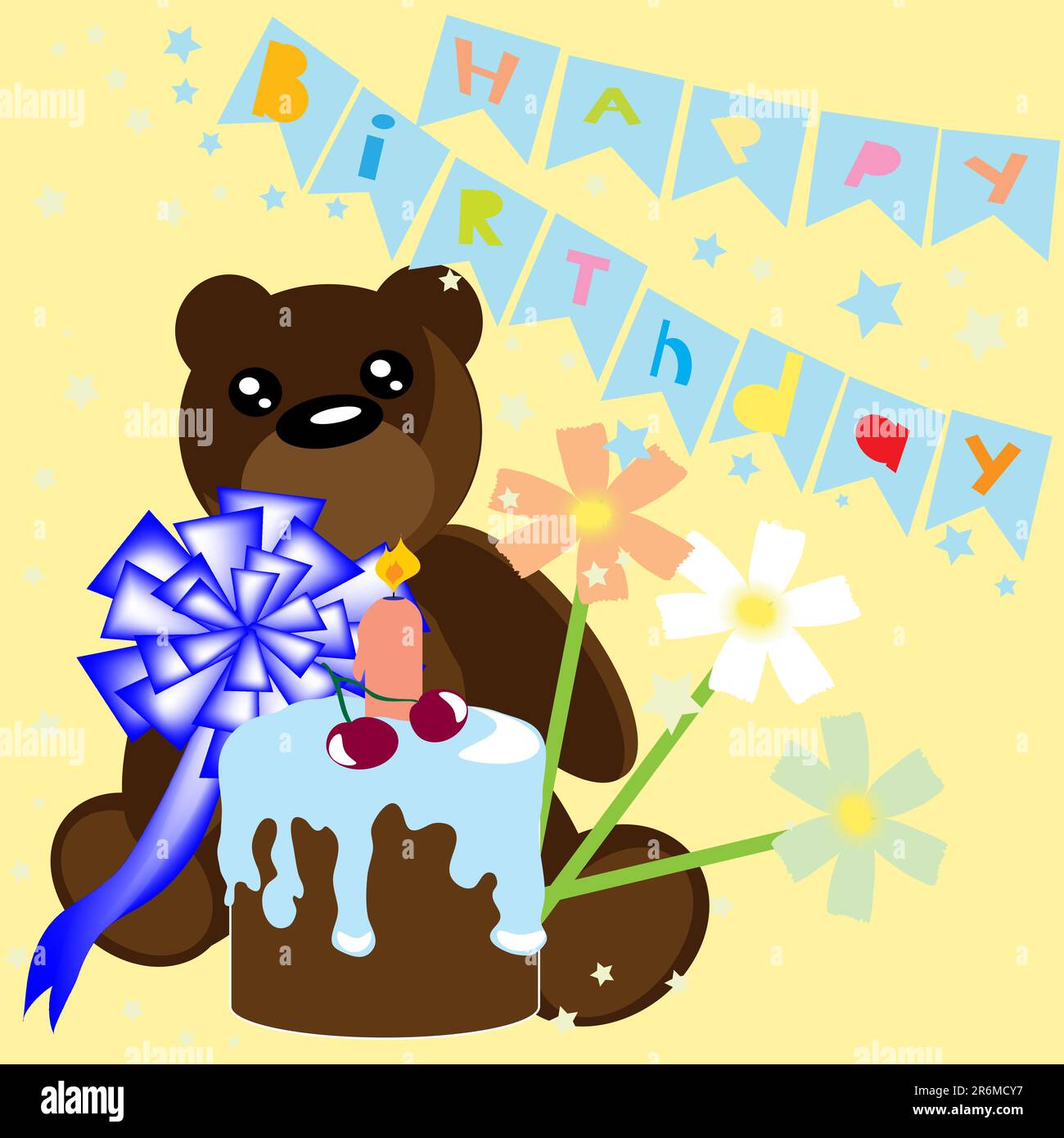 Joyeux anniversaire carte avec l'ours et le gâteau. Vector illustration. Illustration de Vecteur