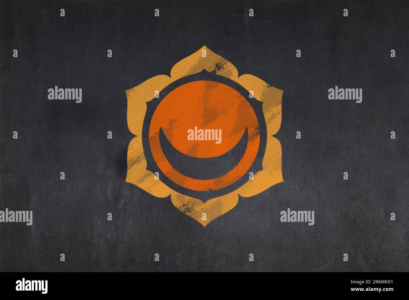 Tableau noir avec le symbole du Sacré-Chakra (hindouisme, bouddhisme et jaïnisme) dessiné au milieu. Banque D'Images
