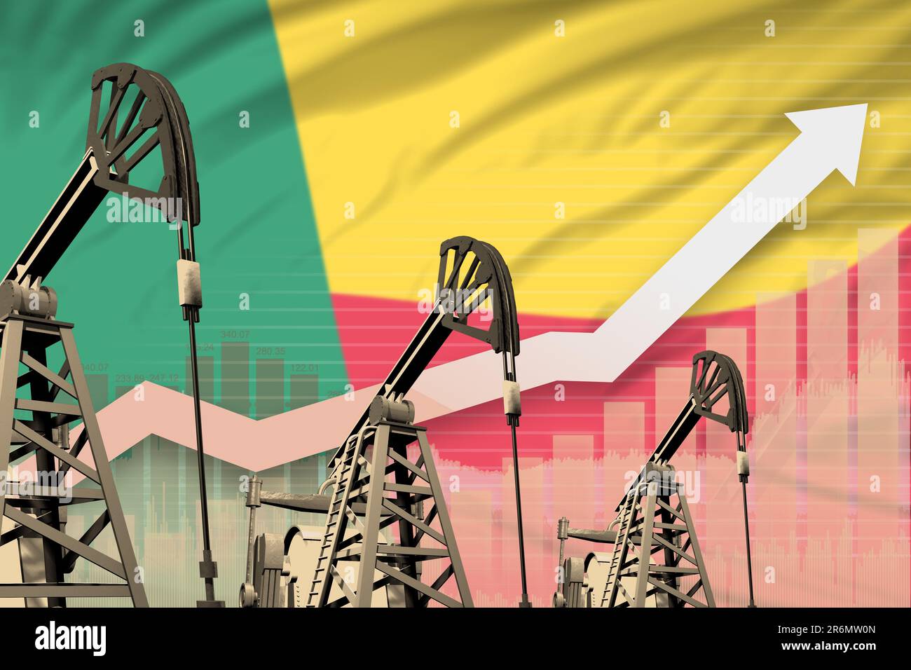 Concept de l'industrie pétrolière du Bénin, illustration industrielle - diagramme ascendant sur fond de drapeau du Bénin. 3D Illustration Banque D'Images Concept de l'industrie pétrolière du Bénin, illustration industrielle - diagramme ascendant sur fond de drapeau du Bénin. 3D Illustration Banque D'Images