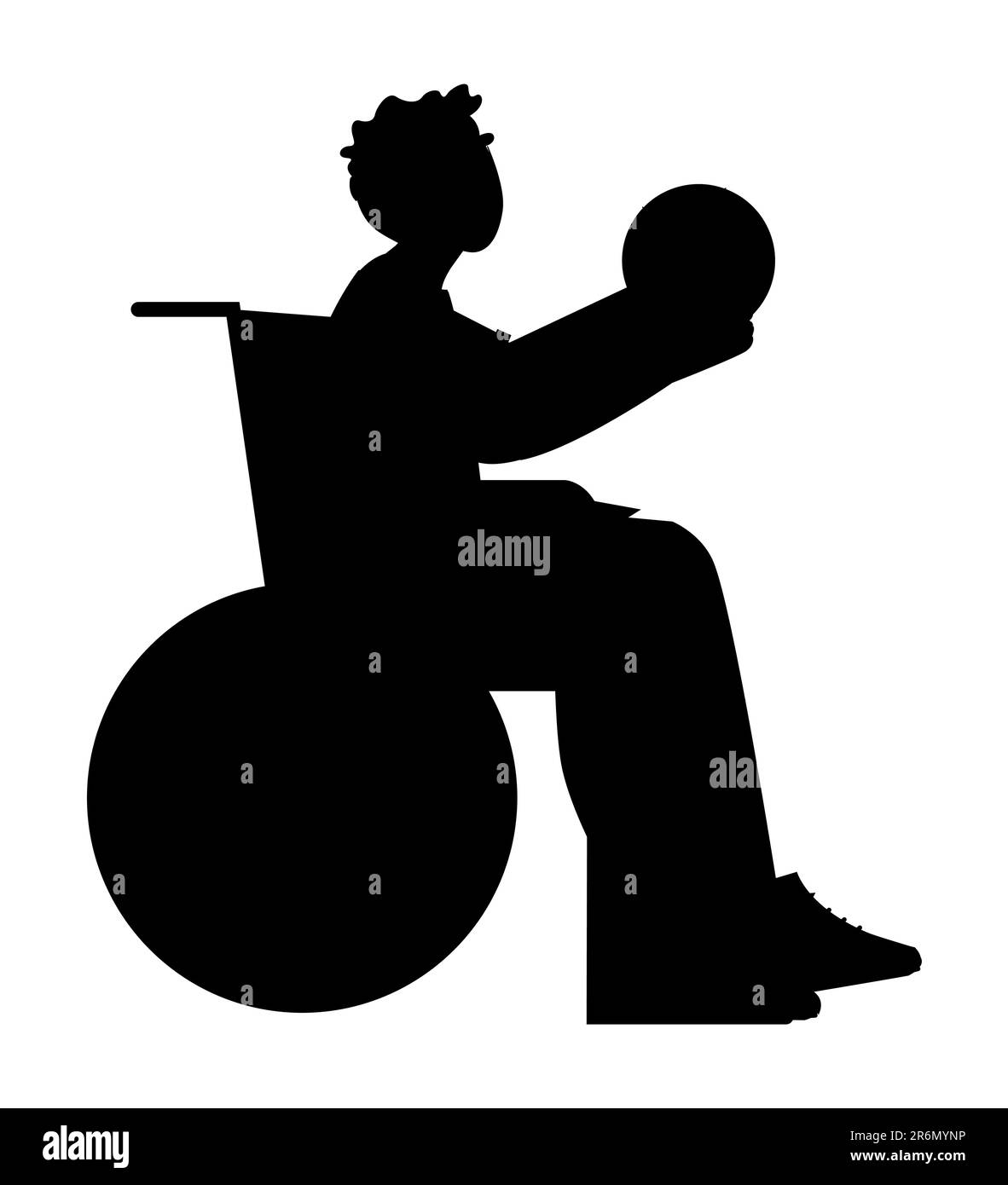 Silhouette noire d'un jeune homme handicapé assis dans un fauteuil roulant et jouant au basket-ball, suivant son rêve, vecteur isolé sur fond blanc Illustration de Vecteur