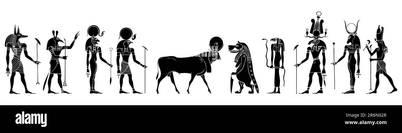 Divers dieux égyptiens, déesse, créatures mythologiques et démons. Anubis, Seth, Ra, APIS, Khansu, Hathor, Horus et autres. Ce congé est vectoriel,... Illustration de Vecteur