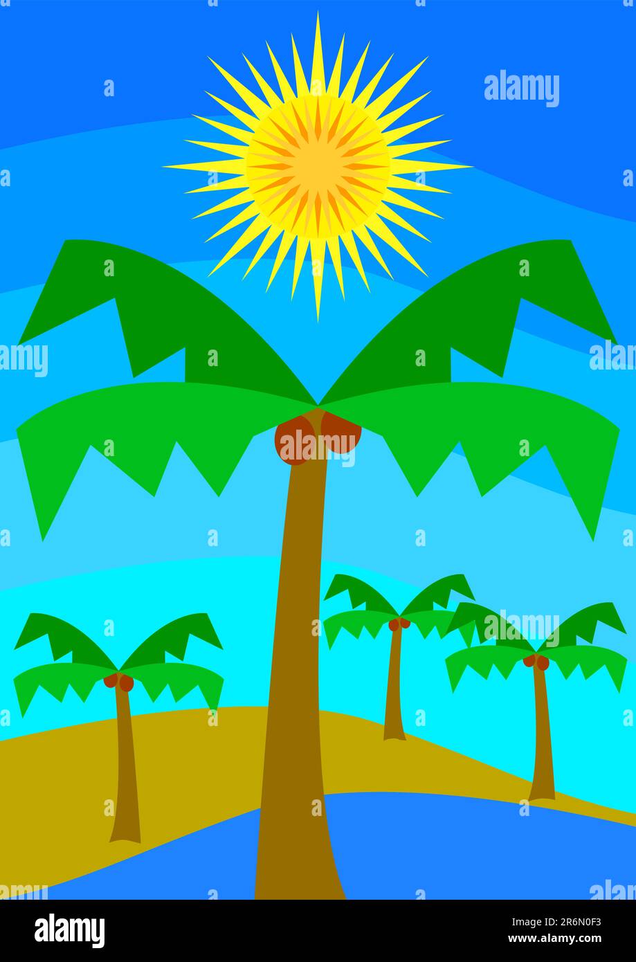 Oasis avec palmiers et eau sous le soleil Illustration de Vecteur