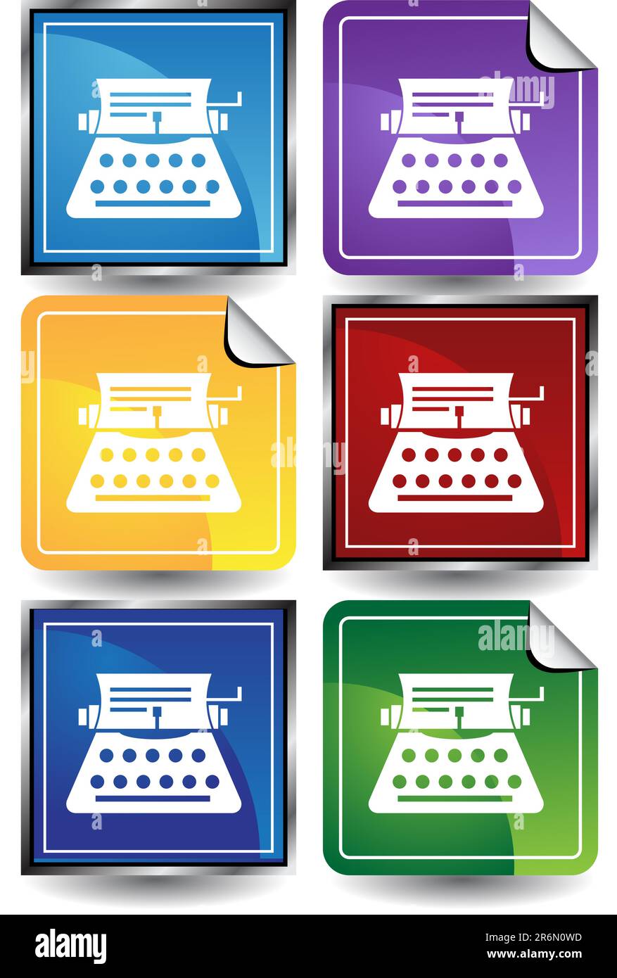 Ensemble de 6 boutons 3D - square et d'autocollants - style ancien style machine à écrire. Illustration de Vecteur