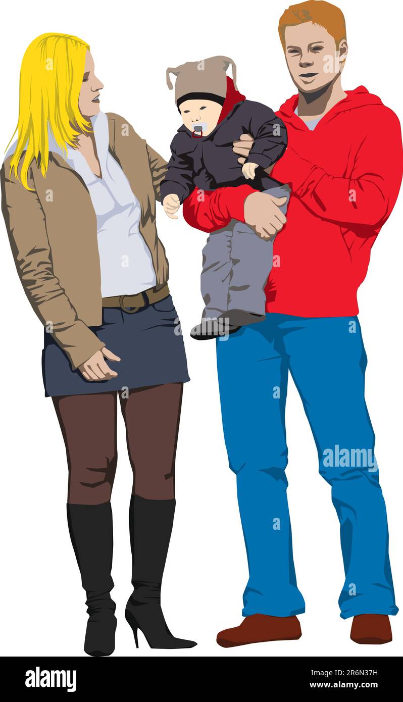 Vector illustration couleur de nouvelle famille heureuse. Père tenant son enfant et de parler avec sa belle épouse Illustration de Vecteur