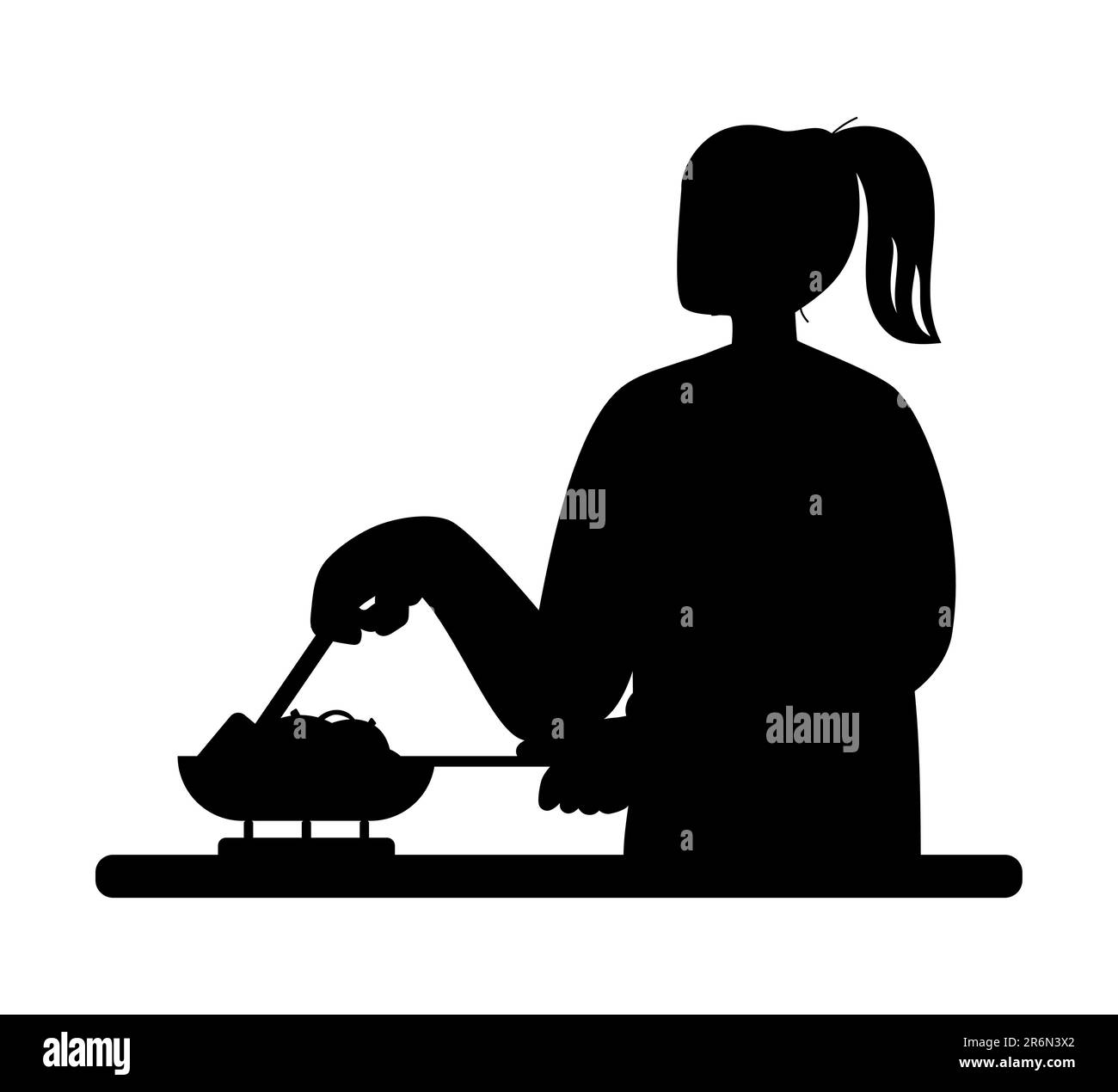 Silhouette noire d'une femme qui cuisine dans la cuisine, femme qui prépare un plat dans la poêle à frire Illustration de Vecteur