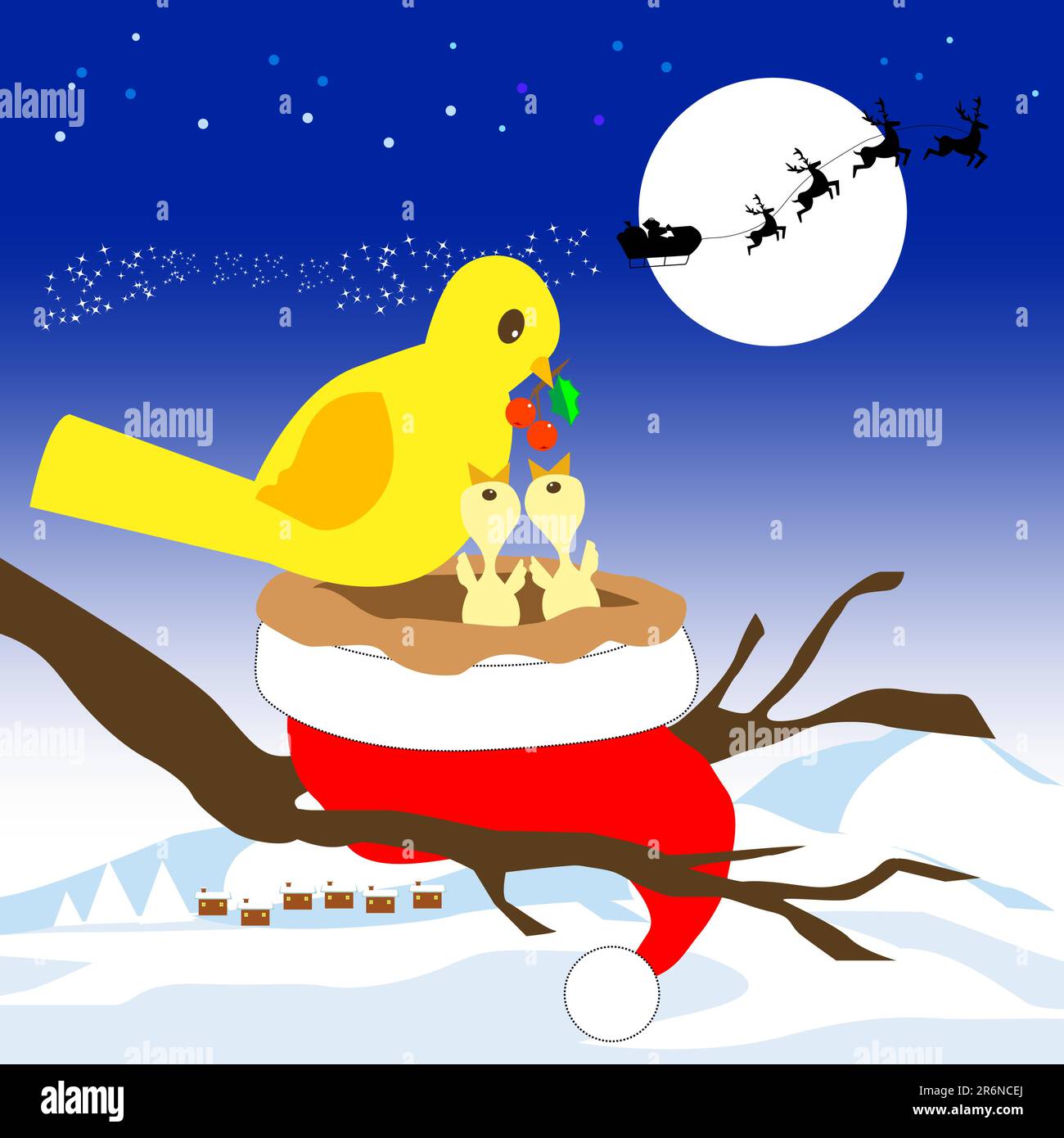 le père noël a donné son chapeau pour les oiseaux jaunes comme cadeau, dessin animé, vecteur Illustration de Vecteur
