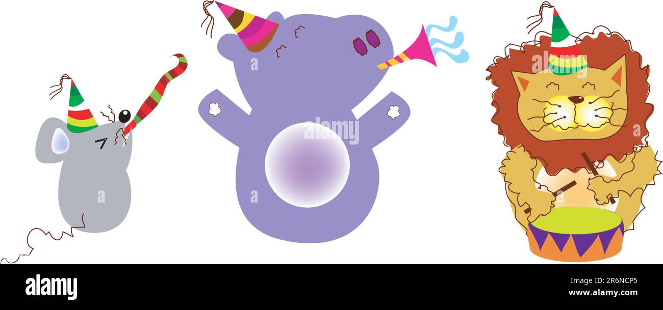 une illustration vectorielle pour les animaux sauvages en fête, souris, lion, hippopotame, amusant et mignon. Illustration de Vecteur