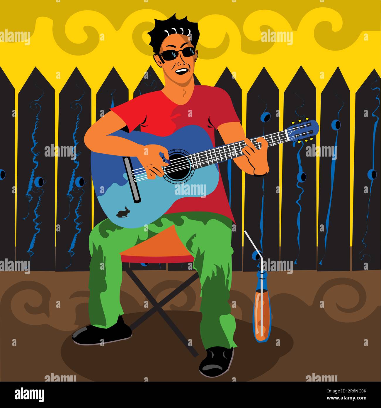 Illustration vectorielle d'un jeune homme assis à l'extérieur jouant de la guitare avec un jus à côté de lui. Illustration de Vecteur