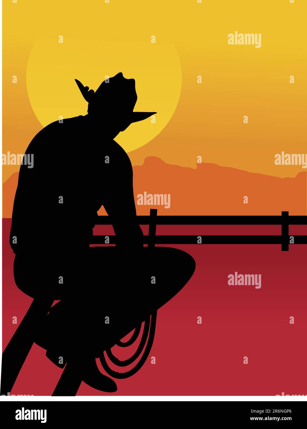 Silhouette noire d'un cow-boy assis sur une clôture donnant sur le coucher du soleil Illustration de Vecteur
