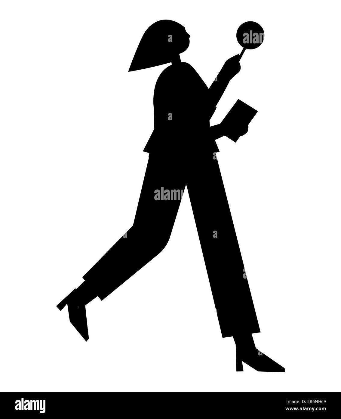 Silhouette noire d'une femme mangeant un popsicle de Lolly ou un lollipop sur le chemin du retour au bureau d'une pause déjeuner, bonbons ronds sur un bâton, vecteur Illustration de Vecteur