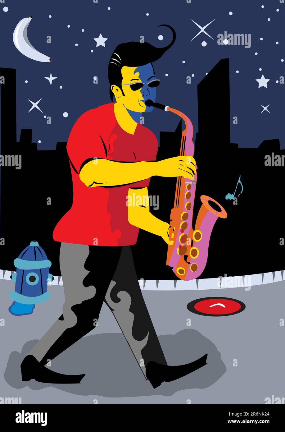Illustration vectorielle d'un jeune homme qui marche dans la rue la nuit et joue au saxophone Illustration de Vecteur