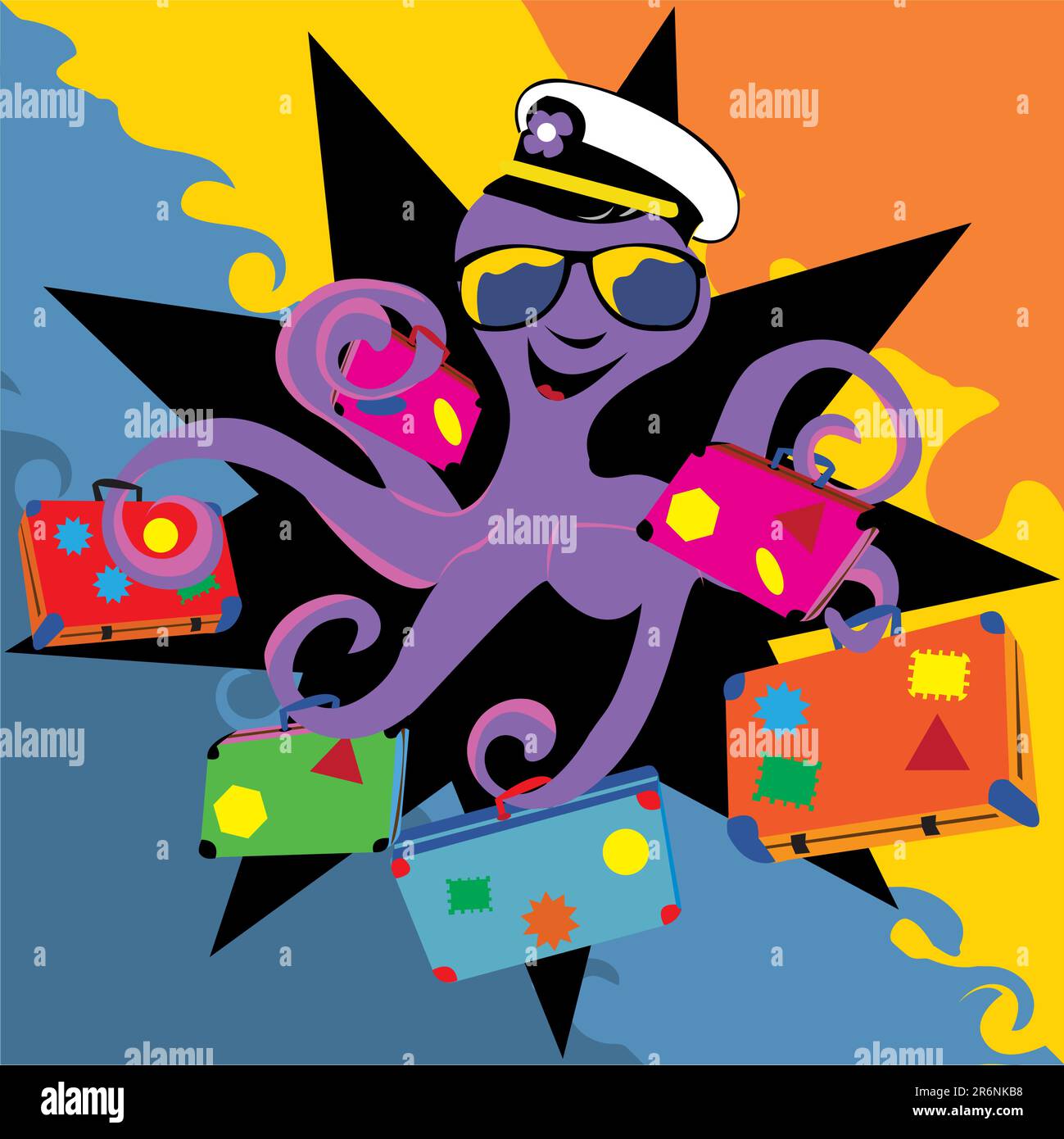 Illustration vectorielle abstraite d'un poulpe souriant avec ses lunettes de soleil et un chapeau de capitaine, tenant des valises. Illustration de Vecteur