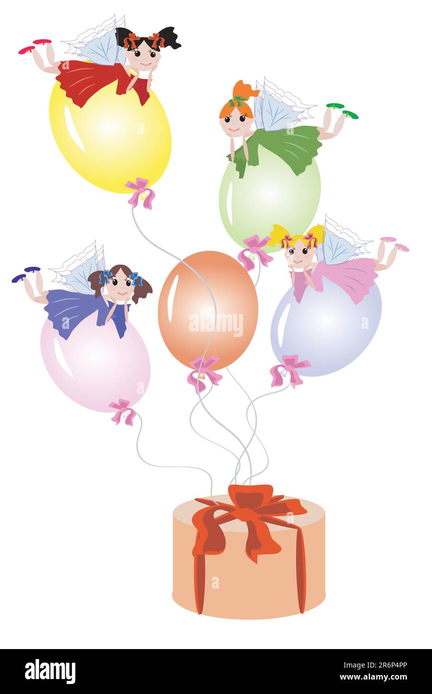 Fées volant sur des ballons attaché au cadeau Illustration de Vecteur