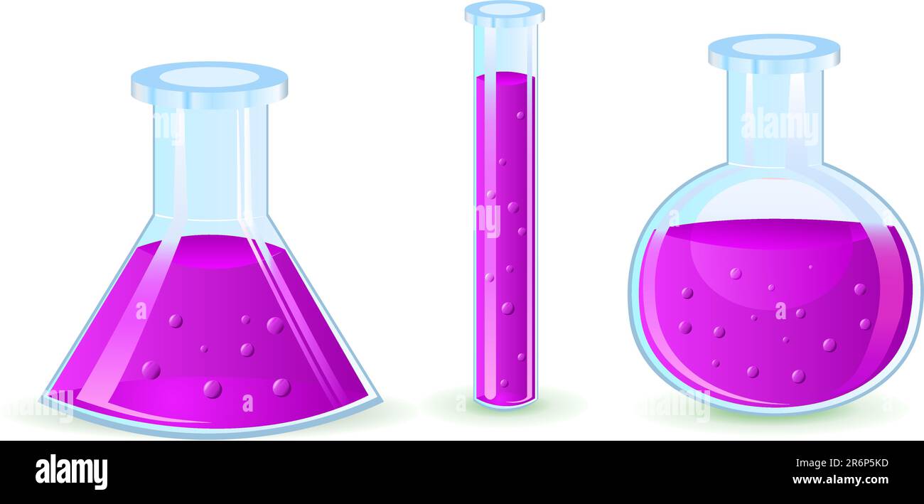 flacons en verre avec substance violette isolés sur fond blanc Illustration de Vecteur