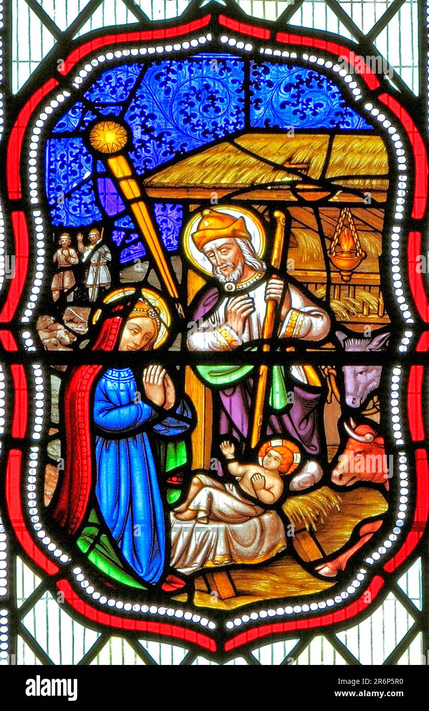 Naissance de Jésus, vitrail, 1860, la Nativité, église de Fakenham, Norfolk, Angleterre, Royaume-Uni Banque D'Images