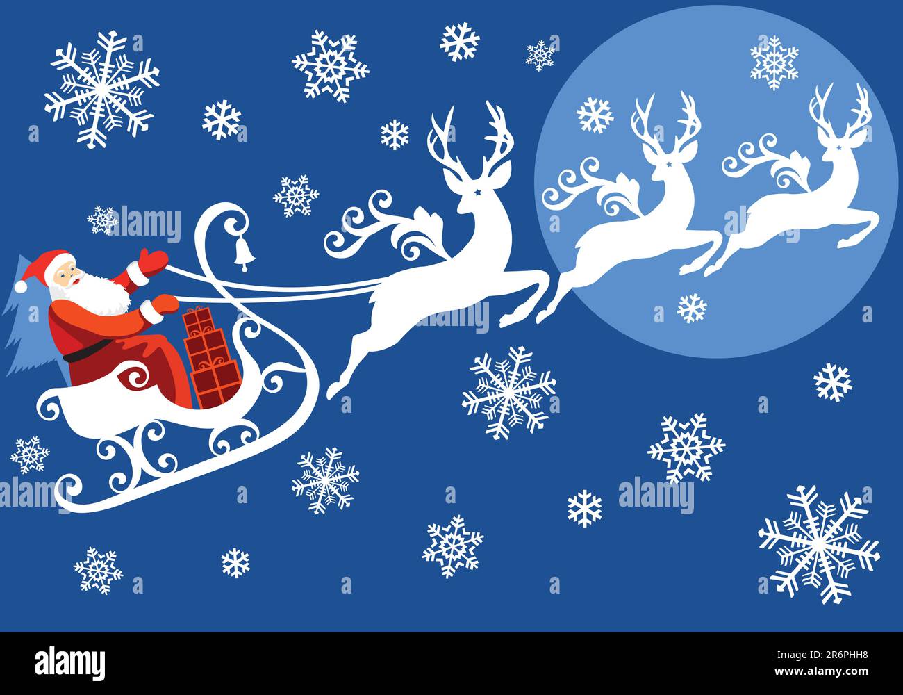 Santa de Noël à cheval sur traîneau avec renne, fond vectoriel Illustration de Vecteur