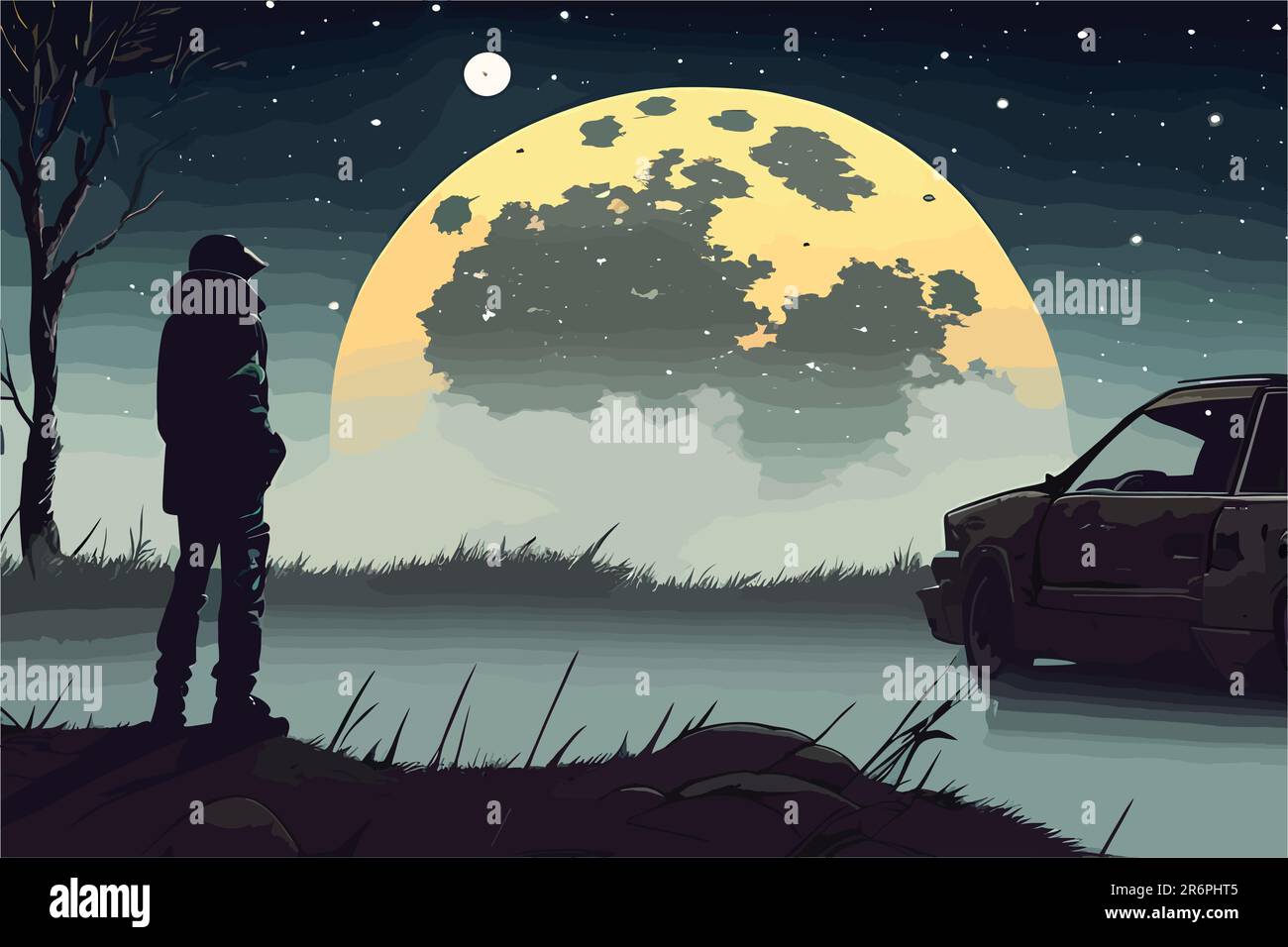 l'art vectoriel d'un homme assis seul et regardant le ciel nocturne avec la lune. vieille voiture en arrière-plan. Illustration de Vecteur