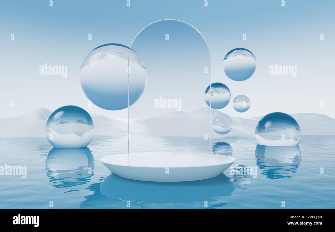 Surface de l'eau avec arrière-plan de boules rondes, rendu 3D. Dessin numérique. Banque D'Images