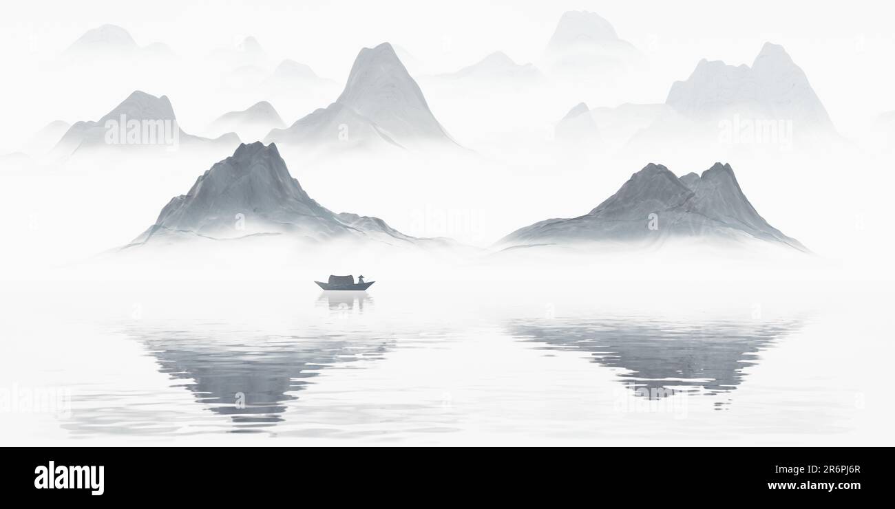 Peinture à l'encre de style chinois des montagnes. Dessin numérique. Banque D'Images