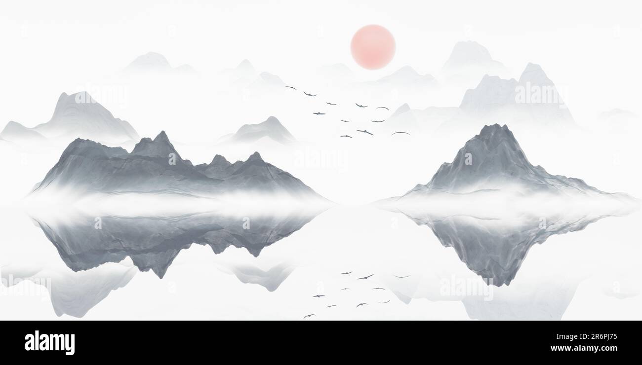 Peinture à l'encre de style chinois des montagnes. Dessin numérique. Banque D'Images