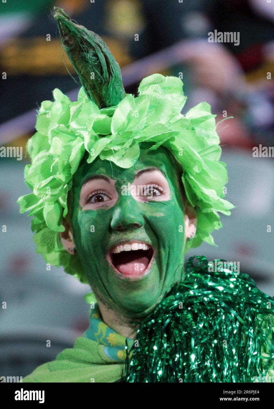 Un supporter attend le début du match de rugby de la coupe du monde 2011 en Afrique du Sud contre la Namibie, au North Harbour Stadium, à Auckland, en Nouvelle-Zélande, jeudi, 22 septembre 2011. Banque D'Images