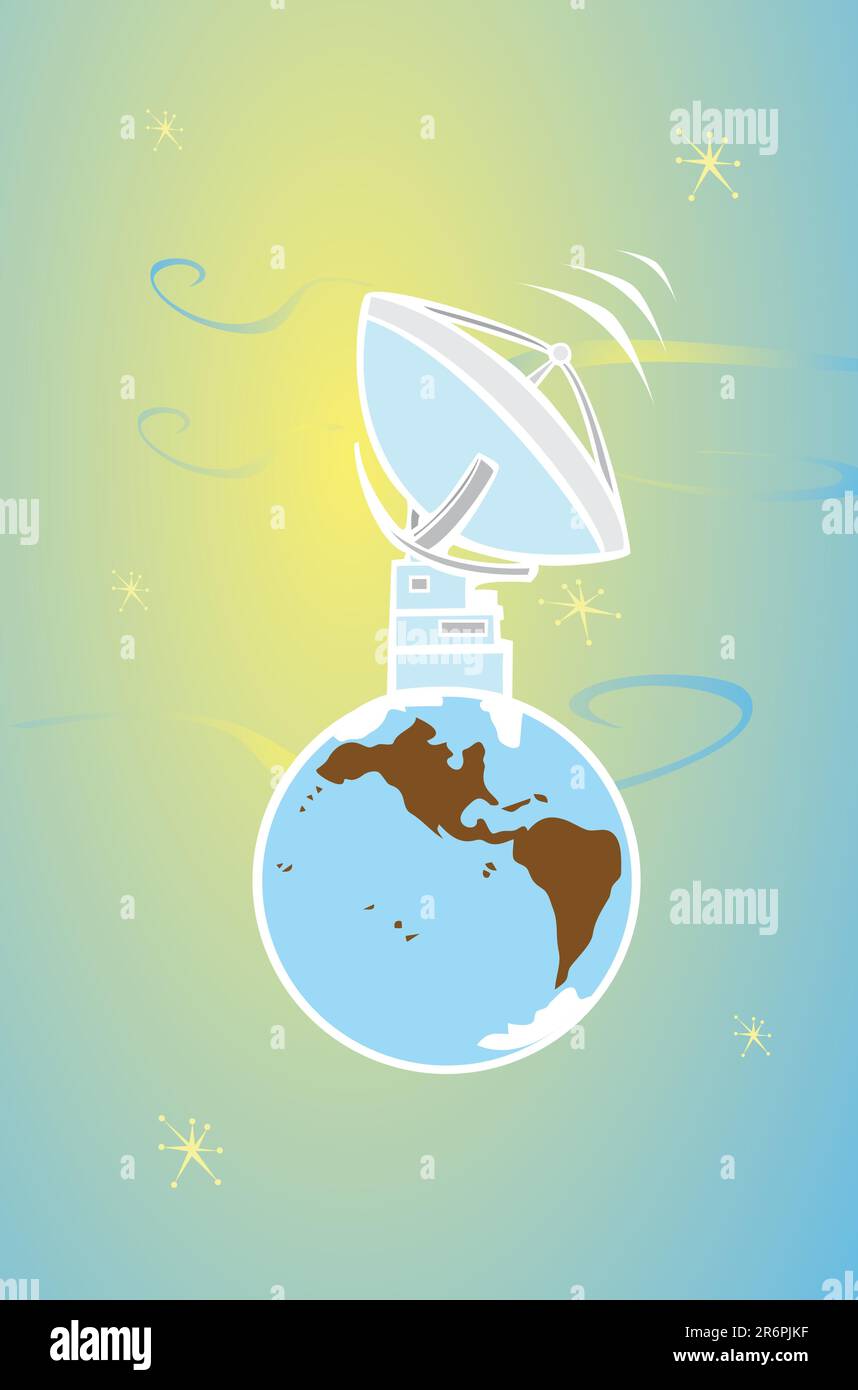 Antenne parabolique de style rétro diffusée dans l'espace. Illustration de Vecteur