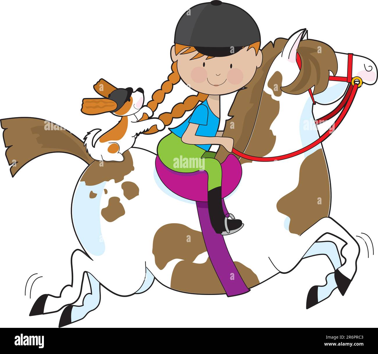 Une petite fille équitation poney peint un avec un Cavalier King Charles Spaniel assis derrière elle et la tenue à ses tresses Illustration de Vecteur