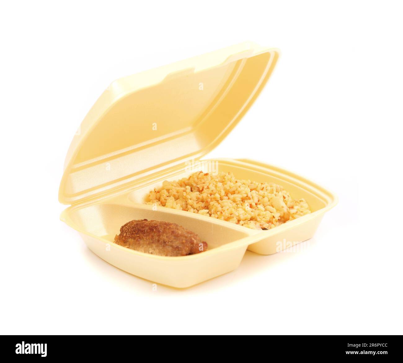Une rissole et un riz dans la boîte jetable porte-à-porte livraison Banque D'Images