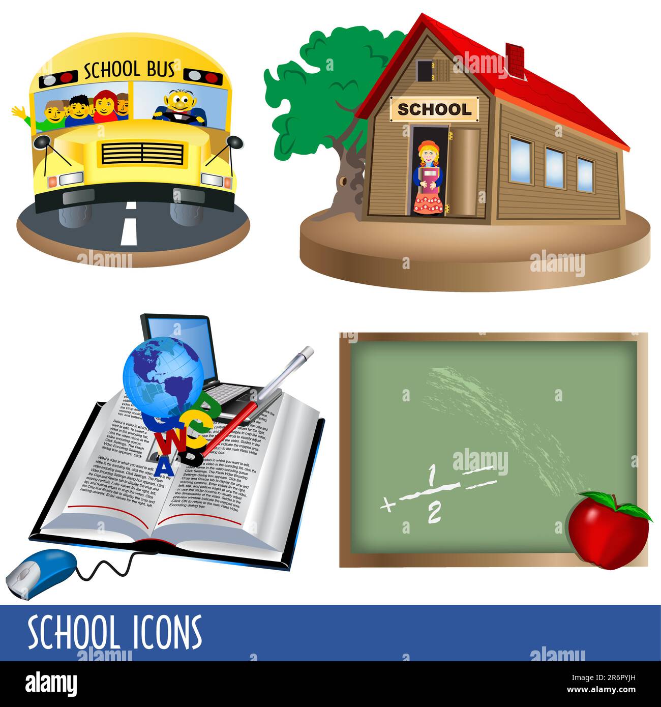 Collection clip-art de quatre icônes d'école en couleur. Illustration de Vecteur
