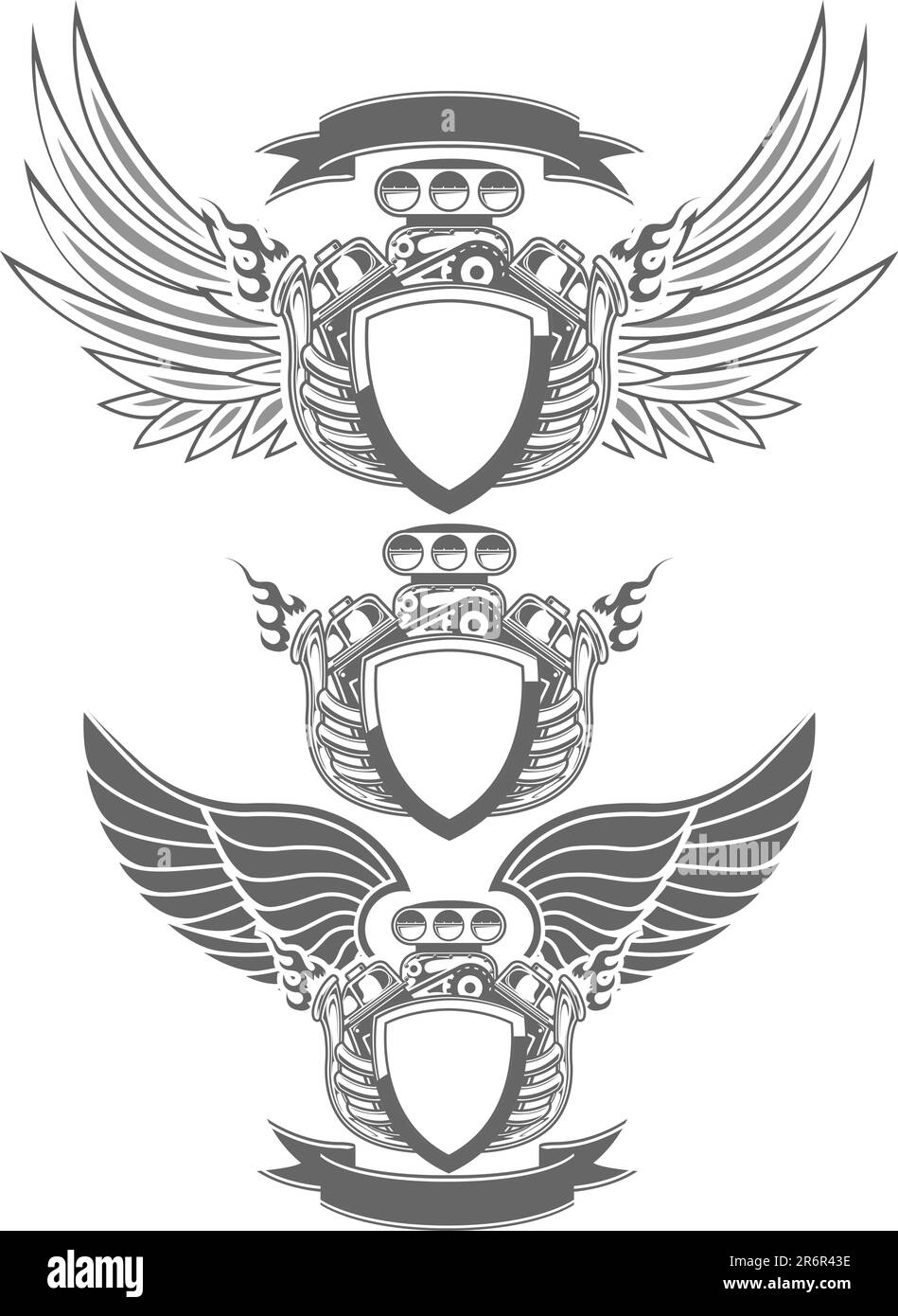 Emblème de course avec moteur, ailes et ruban Illustration de Vecteur