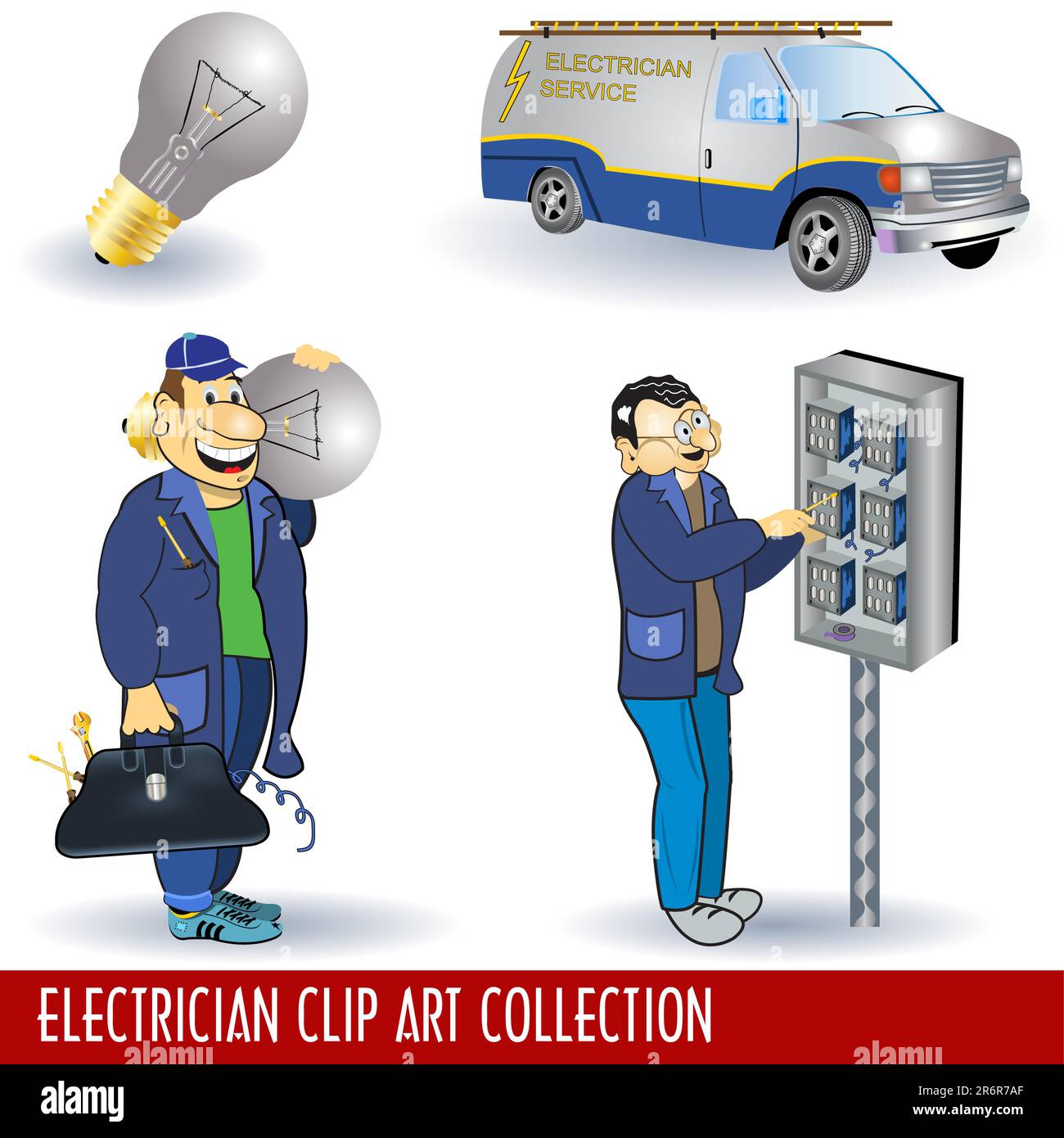 Illustration vectorielle de deux électriciens dans différentes situations, une ampoule et un chariot de service. Illustration de Vecteur
