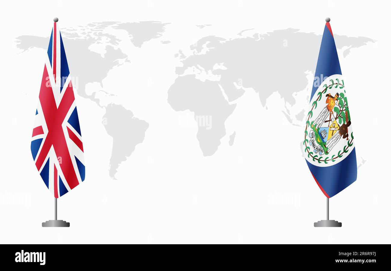 Drapeaux du Royaume-Uni et du Belize pour une réunion officielle sur fond de carte du monde. Illustration de Vecteur