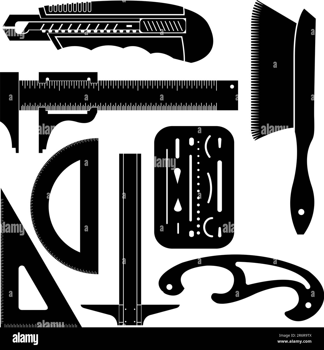 Illustration vectorielle détaillée des outils de dessin et d'ingénierie, y compris le t carré, la courbe française, le rapporteur, le tr Illustration de Vecteur