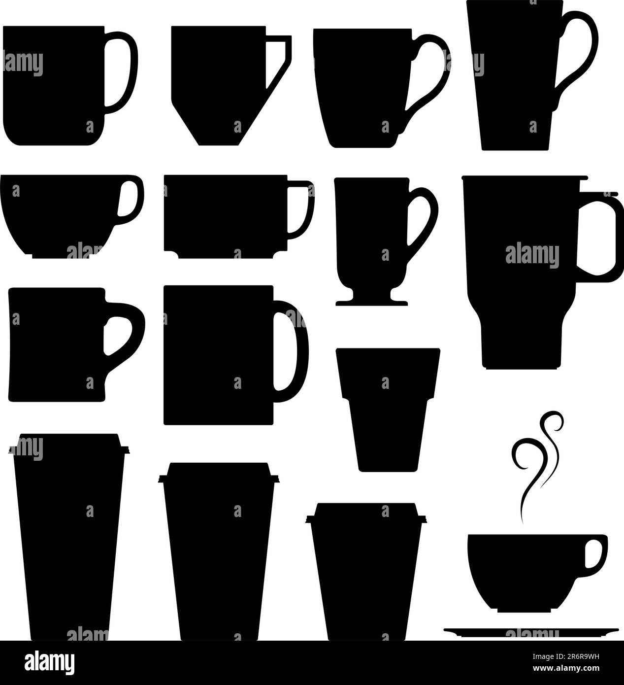 Un ensemble de silhouettes vectorielles de tasses et de tasses à café et à boissons. Illustration de Vecteur