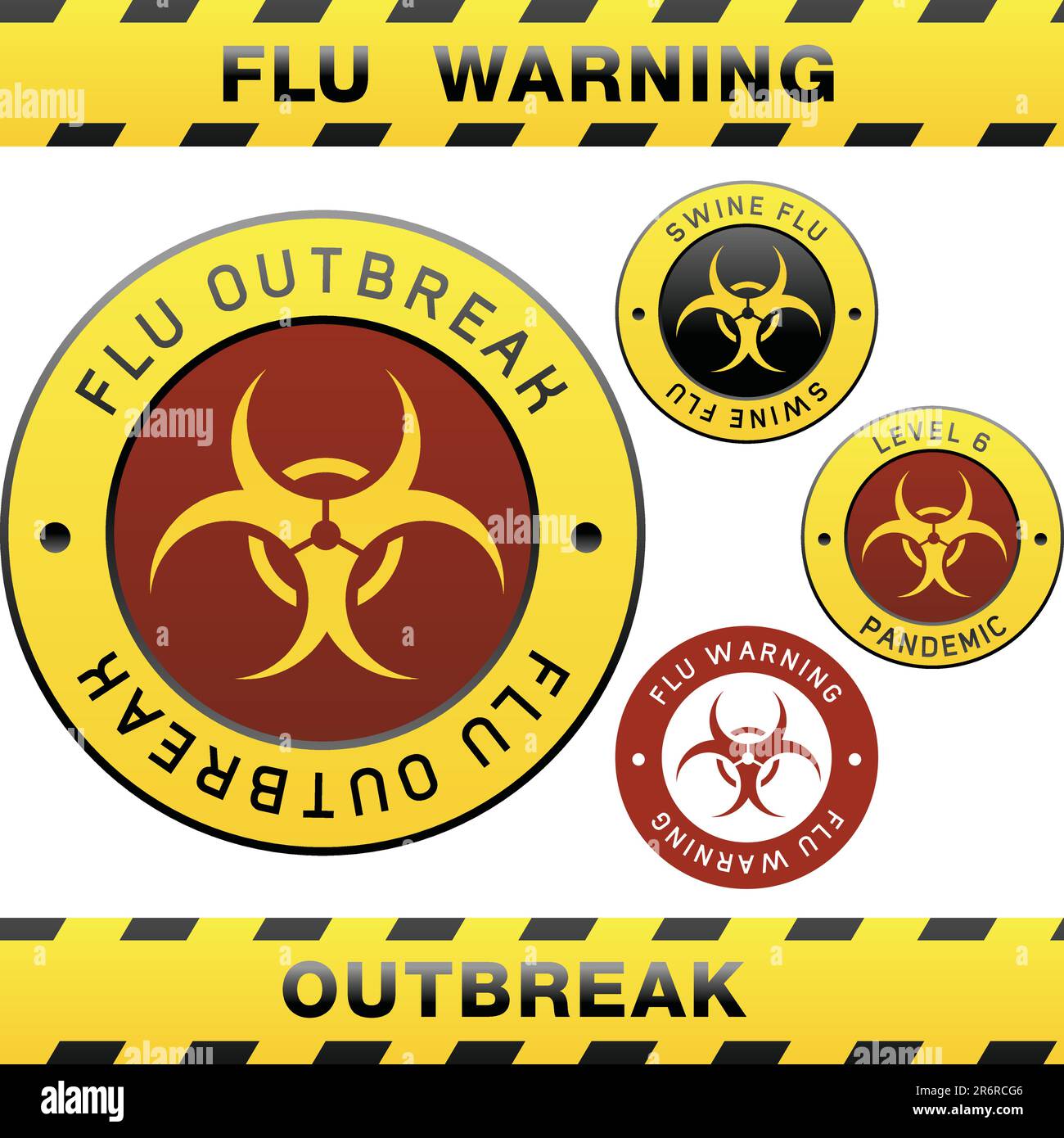 Ruban d'avertissement, badge, étiquettes et autocollants portant le symbole de risque biologique pour les épidémies de grippe porcine Illustration de Vecteur