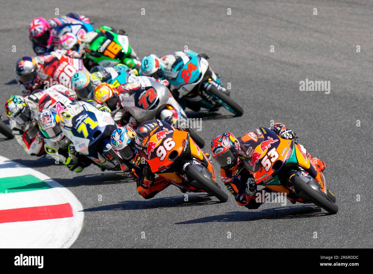 Turkish rider Deniz Oncu of the Red Bull KTM Ajo leads the pack at the start of the Moto 3 race of the during the Moto 3 race of the Grand Prix of Italy at the Mugello circuit in Scarperia, Italy, Sunday, June 11, 2023. (AP Photo/Luca Bruno) Banque D'Images