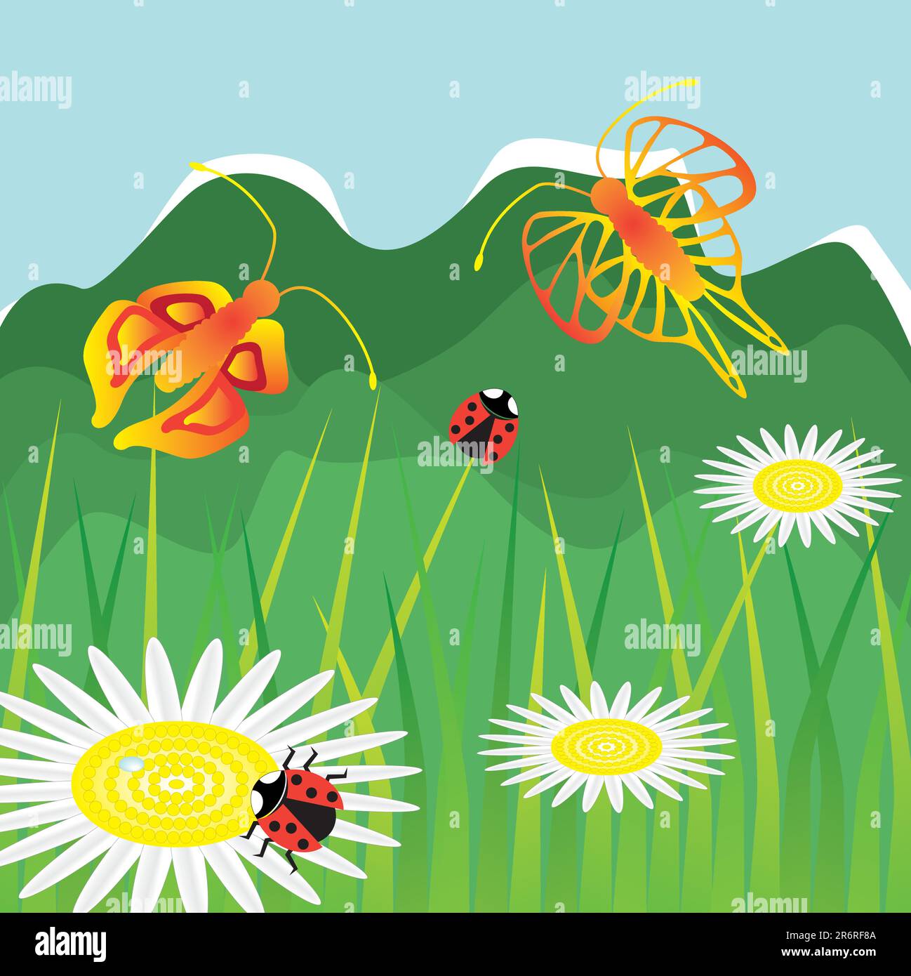 Paysage avec papillon coccinelle et fleurs Daisy Illustration de Vecteur