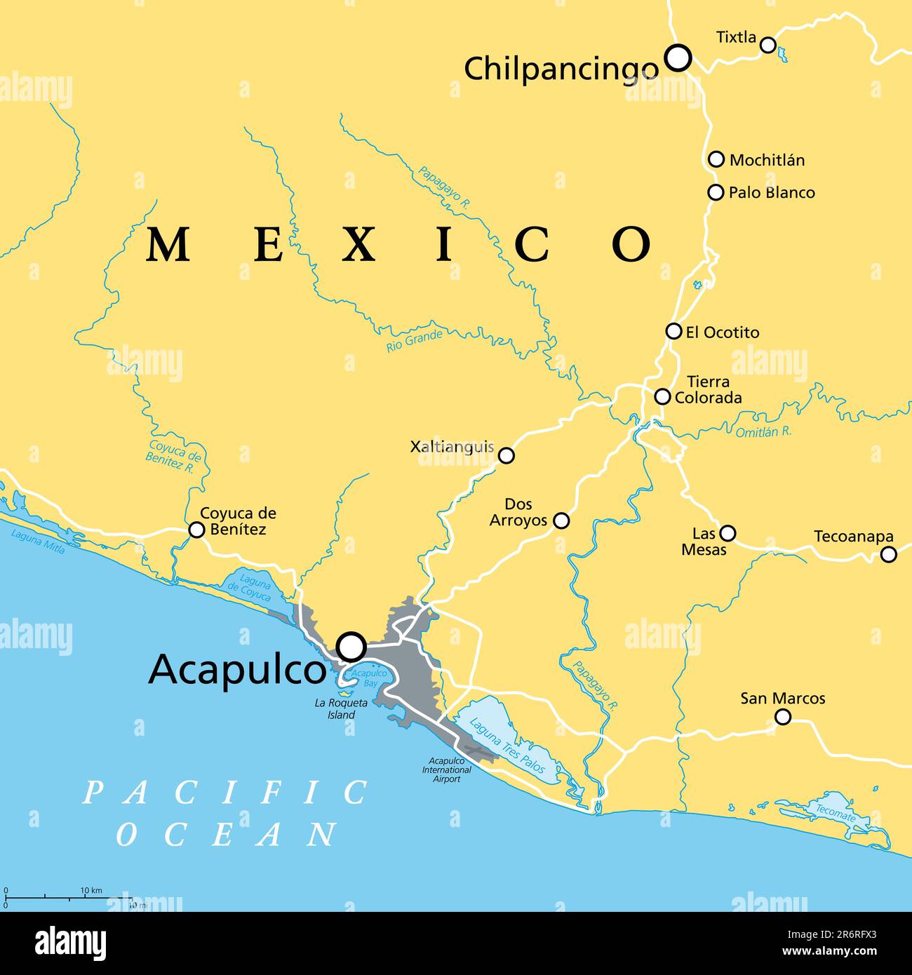 Acapulco et ses environs, carte politique. Acapulco de Juarez, ville et principal port d'escale dans l'État de Guerrero sur la côte Pacifique du Mexique. Banque D'Images