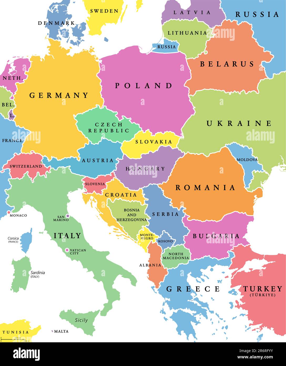 Europe centrale, pays colorés, carte politique, avec frontières nationales  et noms anglais. Zone entre l'Europe de l'Ouest et l'Europe de l'est Photo  Stock - Alamy