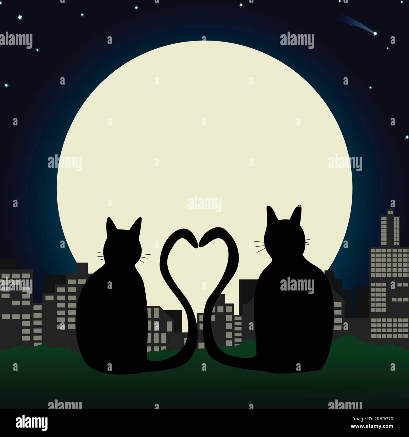 Deux chats avec des queues de coeur surplombant une ville et la lune Illustration de Vecteur